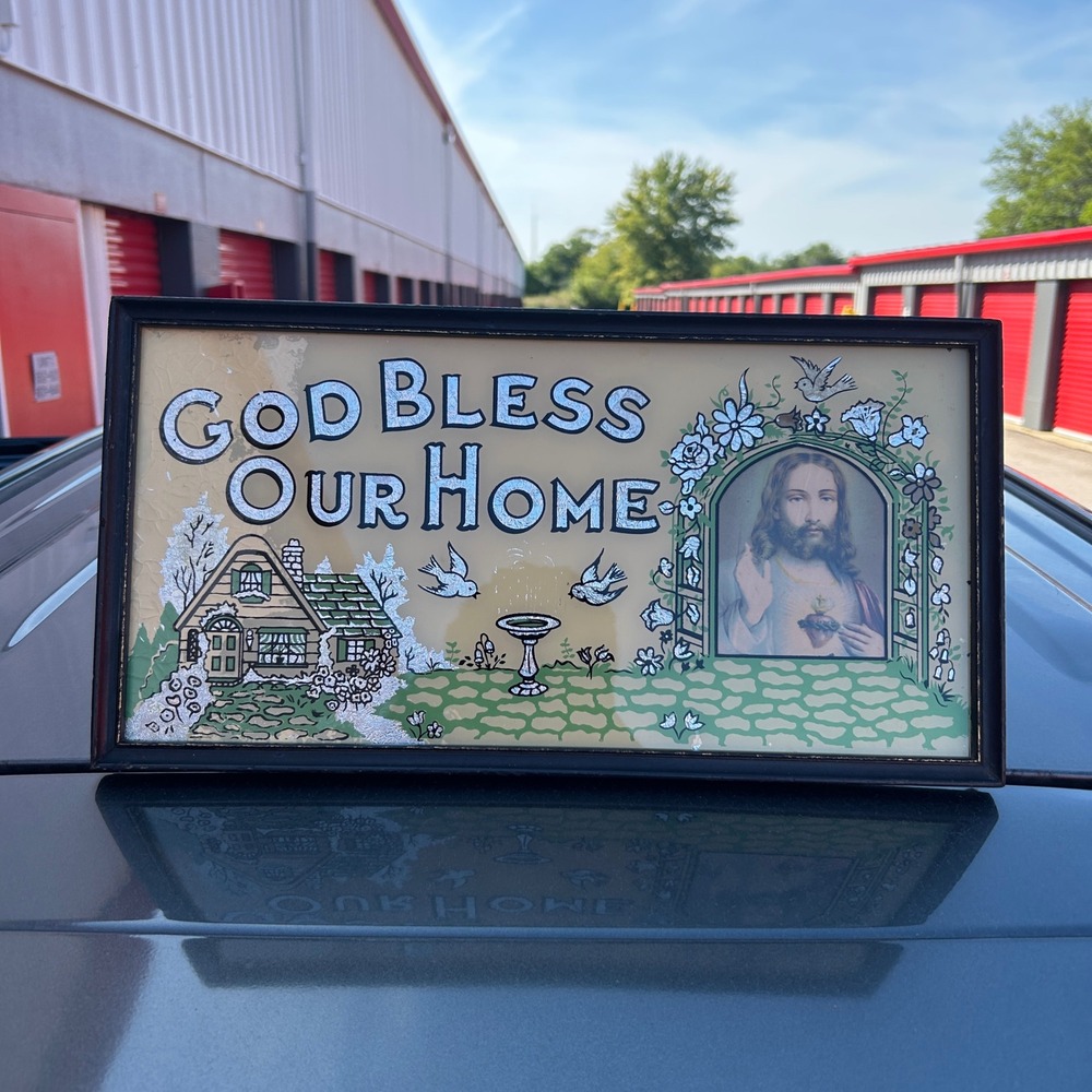 Vintage God Bless Our Home Reverse Painted Glass Foil Sign Sacred Heart Jesus
